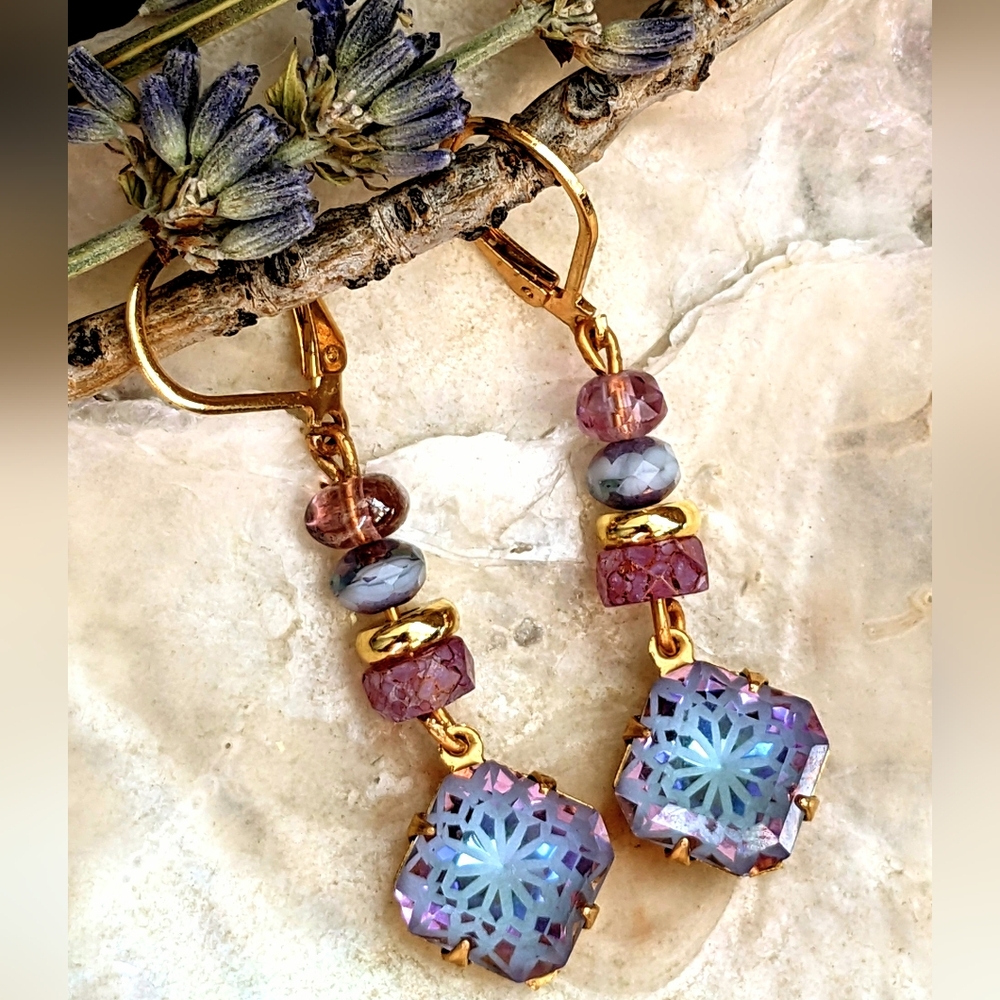 Lavender Lilac Flower Mosaic Glass In Gold Plated Drop Down Earrings